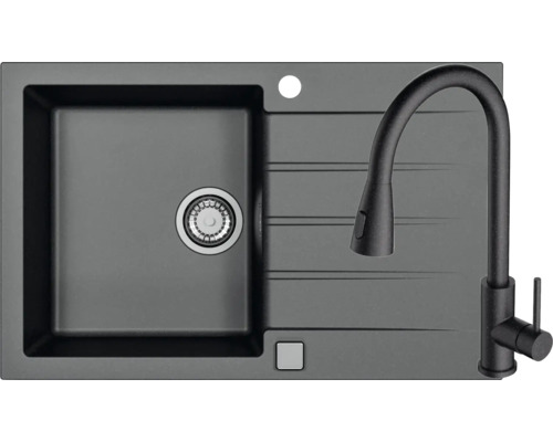Pachet chiuvetă bucătărie granital 1 cuvă ALVEUS Cadit 20 50x79 cm Carbon ,incl. baterie Primrose Chiuvetă compozită cu baterie