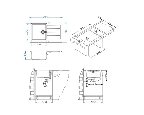 Desen tehnic al unei chiuvete cu dimensiuni.