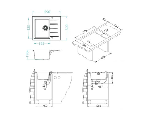 Desen tehnic al unei chiuvete cu dimensiuni