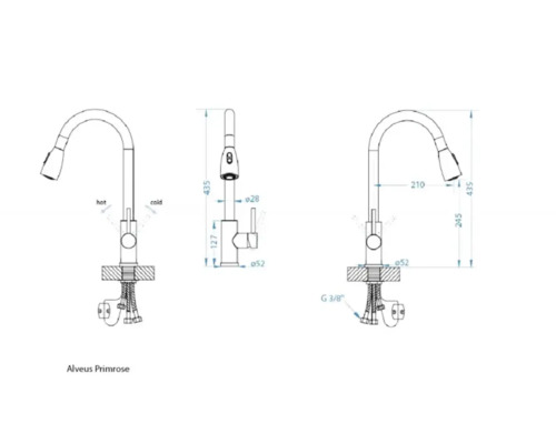 Desen tehnic al unei baterii de bucătărie Alveus Primrose cu pulverizator extractibil și indicații dimensionale
