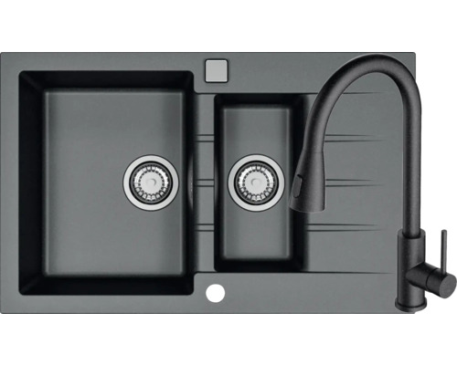 Pachet chiuvetă bucătărie granital 2 cuve ALVEUS Cadit 70 50x79 cm Carbon ,incl. baterie Kati, dozator săpun și suport scurgător Chiuvetă cu două cuve și robinet