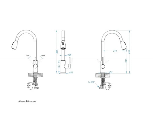 Desen tehnic robinet Alveus Primrose cu dimensiuni