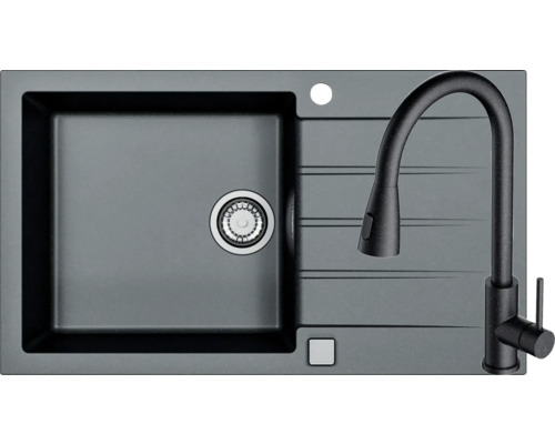 Pachet chiuvetă bucătărie granital 1 cuvă ALVEUS Cadit 40 50x86 cm Carbon ,incl. baterie Primrose Chiuvetă de bucătărie cu baterie
