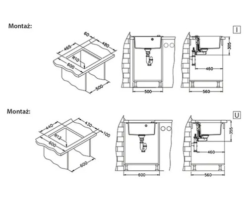 Schema chiuvetei încastrate cu dimensiunile pentru instalare