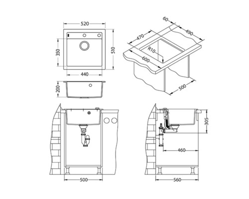 Desen tehnic cu dimensiunile chiuvetei.