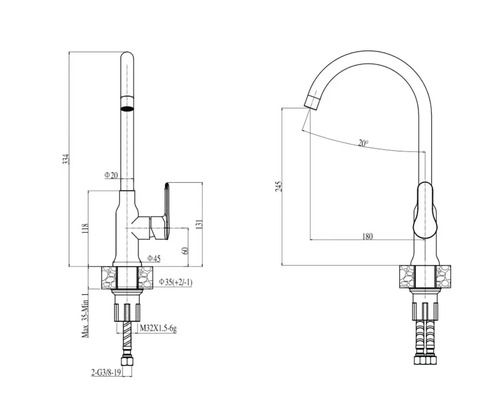 Desen tehnic al unei baterii de bucătărie cu dimensiuni