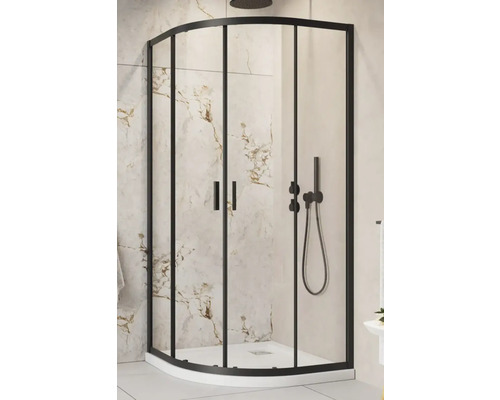 Set cabină de duș semirotundă Radaway Alienta Black A800 cu cădiță de duș si sifon, 80x80 cm, sticlă transparentă, profil negru