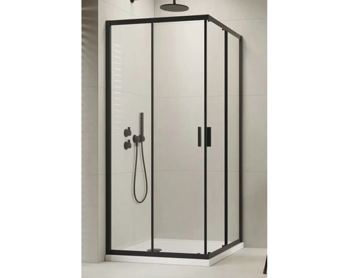Set cabină de duș pătrată Radaway Alienta Black C900 cu cădiță de duș si sifon, 90x90 cm, sticlă transparentă, profil negru