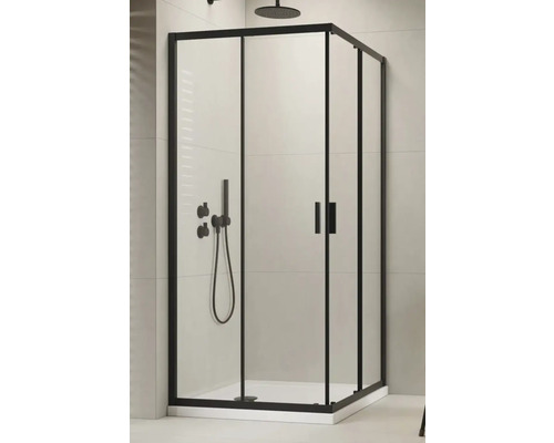 Set cabină de duș pătrată Radaway Alienta Black C800 cu cădiță de duș si sifon, 80x80 cm, sticlă transparentă, profil negru