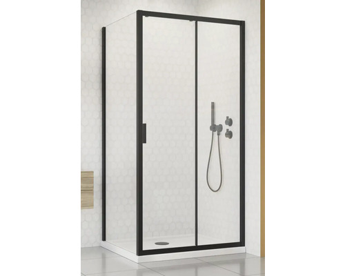 Set cabină de duș pătrată Radaway Alienta Black DWJ+S cu cădiță de duș si sifon, 90x100 cm, sticlă transparentă, profil negru
