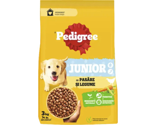Pedigree Junior hrană uscată pentru câini cu carne de pasăre și legume în sac de 3 kilograme