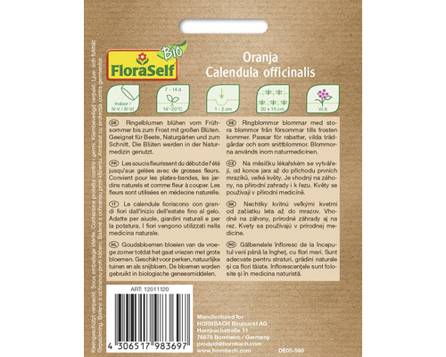 Logo FloraSelf. Pachet gălbenele Calendula officinalis Oranja cu informații despre cultivare și utilizare