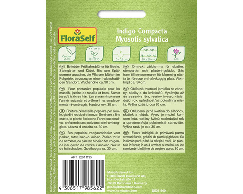 Ambalaj cu semințe de flori Indigo Compacta Myosotis sylvatica de la FloraSelf