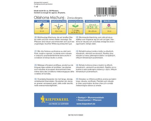 Pliculeț de semințe Oklahoma Amestec Zinnia elegans cu informații despre semănat, adâncimea de semănat, germinare și distanță