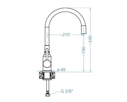 Desen tehnic al unei baterii de bucătărie cu dimensiuni
