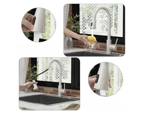 Baterie de bucătărie cu pulverizator extensibil în diferite scenarii de utilizare