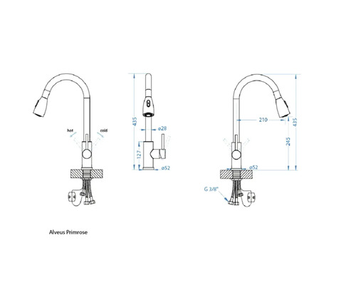 Desen tehnic al robinetului Alveus Primrose cu dimensiuni
