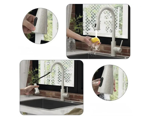 Baterie de bucătărie cu funcție de duș în diferite scenarii de utilizare.