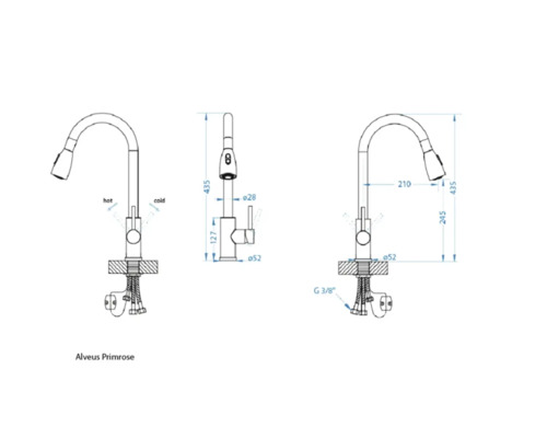Desen tehnic al robinetului Alveus Primrose cu dimensiuni