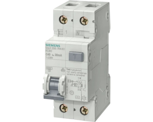 Întreruptor diferențial RCBO 1P+N 20A 4,5kA/30mA, curbă C, tip A, 2 module Întrerupător de curent rezidual Siemens C40 30mA