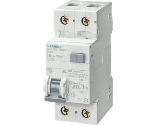 Întreruptor diferențial RCBO 1P+N 25A 4,5kA/30mA, curbă C, tip A, 2 module Întrerupător de curent rezidual Siemens C40 cu curent de declanșare de 30 miliamperi