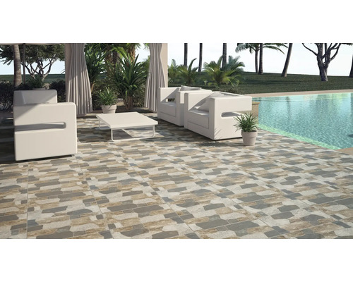 Terasa cu mobilier de grădină și gresie cu aspect de piatră