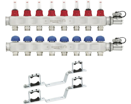 Emmeti Kit distribuitoare inox, debitmetre, robineţi termostatabili M24x19, 8 circuite