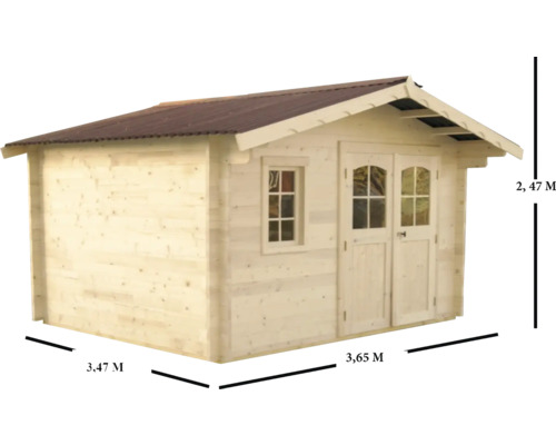Cabină de grădină din lemn cu fereastră, ușă dublă și specificații de dimensiuni