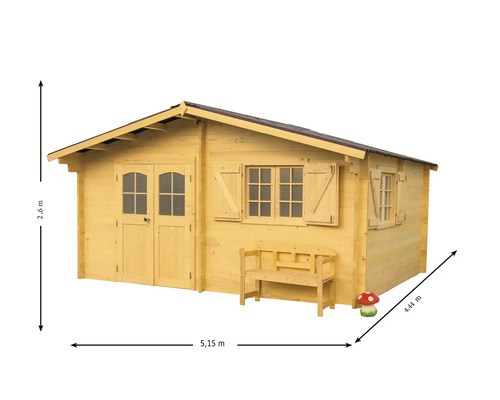 Cabină de grădină din lemn cu ferestre și ușă dublă, dimensiuni 5,15 metri pe 4,44 metri, înălțime 2,6 metri