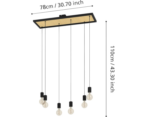 Lampa suspendată cu șase becuri și dimensiuni de 78 cm și 110 cm