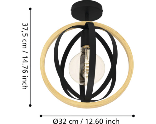 Lumină de plafon cu elemente din lemn și metal, diametru 32 cm