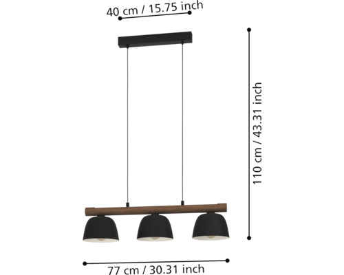Lampa suspendată cu trei lămpi și dimensiuni