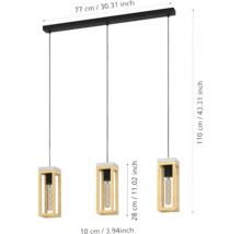 Lumină suspendată cu trei lămpi și dimensiuni