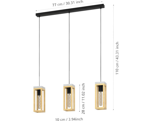 Lumină suspendată cu trei lămpi și dimensiuni