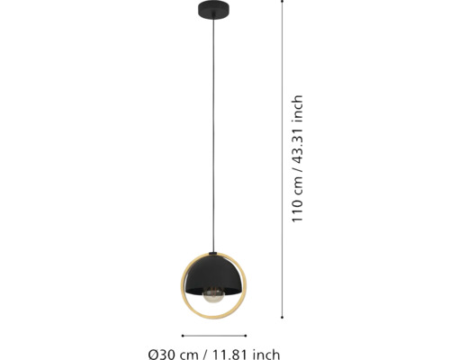 Lumină suspendată neagră cu design rotund, cu dimensiunile de 110 cm înălțime și 30 cm diametru.