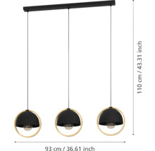 Lampa suspendată cu trei becuri, dimensiuni 93 cm lățime și 110 cm înălțime