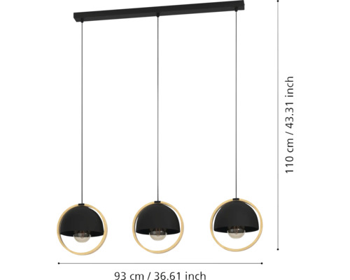 Lampa suspendată cu trei becuri, dimensiuni 93 cm lățime și 110 cm înălțime