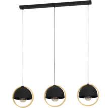 Lumină suspendată cu trei becuri, abajururi rotunde și inele decorative