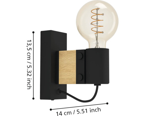 Lumină de perete din lemn și metal cu bec, dimensiuni 13,5 cm pe 14 cm