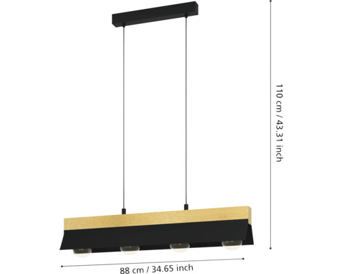 Lampa suspendată cu patru lumini, lățime de 88 cm și înălțime de 110 cm