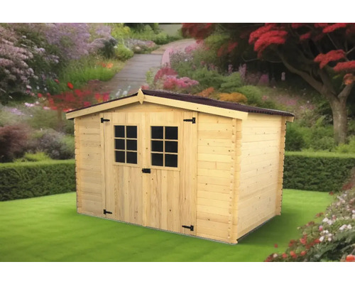 Casă de grădină din lemn cu ușă dublă și ferestre în grădină