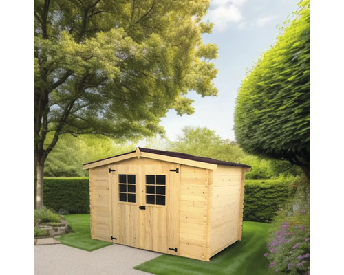 Cabină de grădină din lemn cu ferestre și ușă în grădină