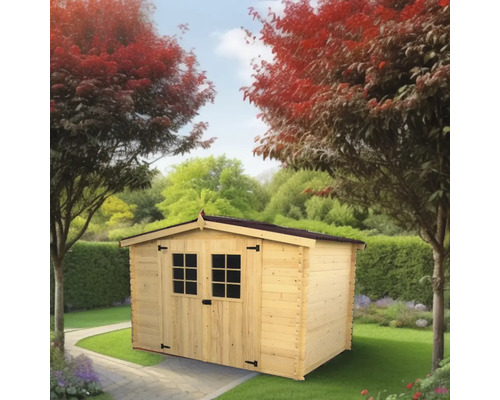 Casă de grădină din lemn cu două ferestre în grădină