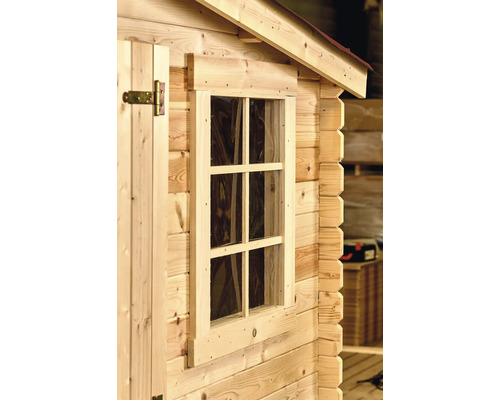 Vedere detaliată a unei căsuțe de grădină cu fereastră și ușă