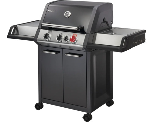 Grătar pe gaz Enders Monroe Black Pro 3K Turbo 3 arzătoare 14,35 kW suprafața de gătire 62x43 cm incl. termometru în capac, tavă de colectare grăsime, masă laterală, suport tacâmuri, regulator și furtun Grătar pe gaz cu trei arzătoare, suprafețe de depozitare și dulap inferior