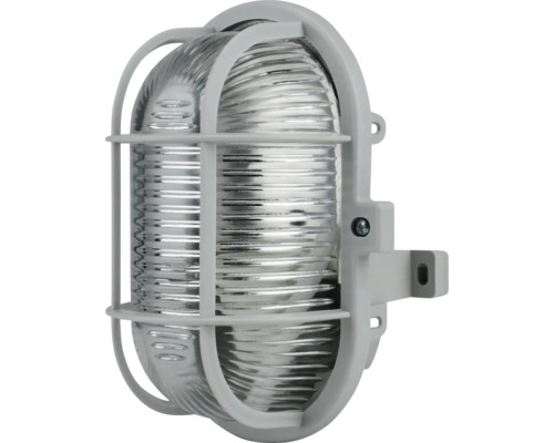 Lampă ovală gri 60W cu grilaj de protecție din plastic, protecție la umiditate IP44