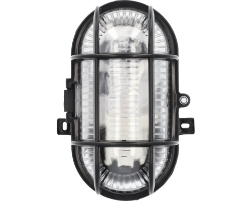 Lampă ovală neagră 60W cu grilaj de protecție din plastic, protecție la umiditate IP44