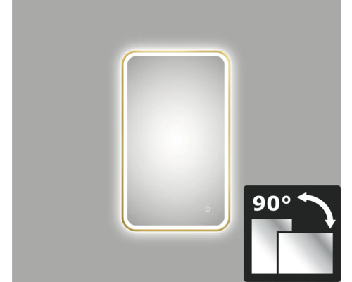 Oglindă baie cu iluminare LED DSK Chrystal Juno 20.0 cu ramă aurie 45x75 cm Dulap de oglindă dreptunghiular cu iluminare și simbolul pentru rotire la 90 de grade.