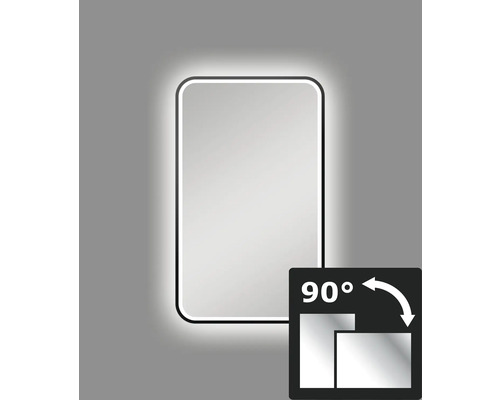 Oglindă baie cu iluminare LED DSK Chrystal Juno 2.0 cu ramă neagră 45x75 cm Oglindă de baie dreptunghiulară cu iluminare și un simbol pentru rotație de 90 de grade