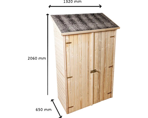 Șopron din lemn pentru scule cu dimensiunile de 1320 mm lățime, 2060 mm înălțime și 650 mm adâncime